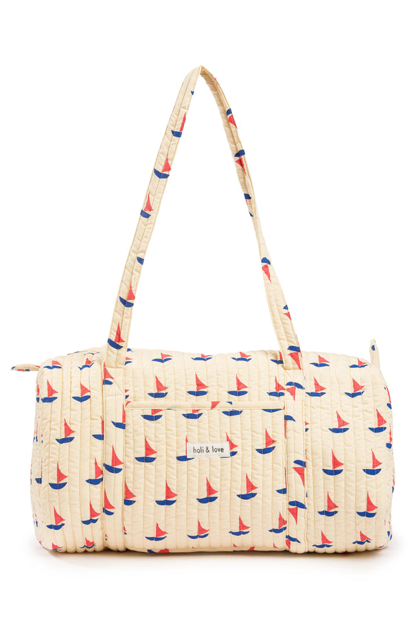 Sac weekend polochon, imprimé beige motif bateau