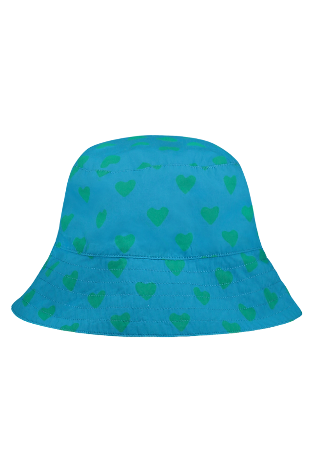 Bob enfant bébé réversible en coton 100% bio certifié GOTS mixte unisexe style vintage imprimé bleu cœurs verts
