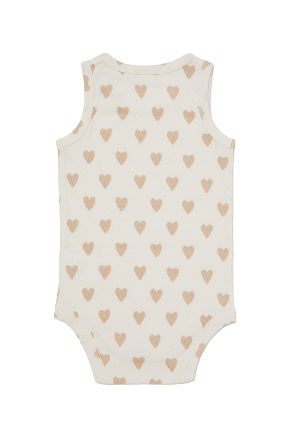 Body imprimé cœur beige verso sur fond blanc, collection bébé naissance en coton bio Baby Care