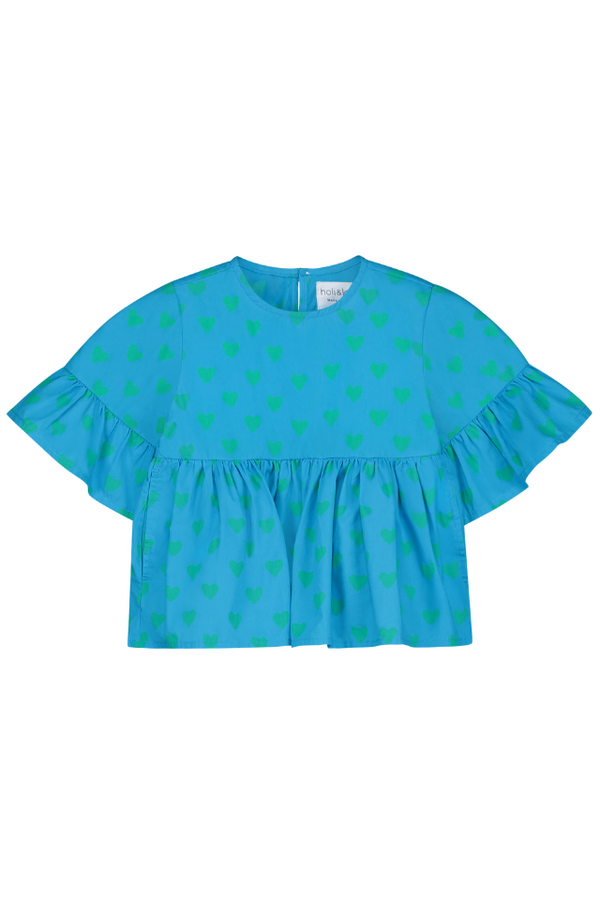Blouse PIA chemise haut à volants  pour enfant bébé mixte unisexe en coton 100% bio certifié GOTS style vintage couleur bleu motif cœurs verts, vue recto