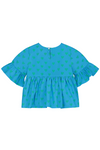Blouse PIA chemise haut à volants  pour enfant bébé mixte unisexe en coton 100% bio certifié GOTS style vintage couleur bleu motif cœurs verts, vue verso