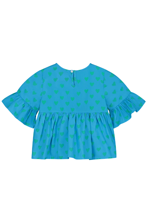 Blouse PIA chemise haut à volants  pour enfant bébé mixte unisexe en coton 100% bio certifié GOTS style vintage couleur bleu motif cœurs verts, vue verso