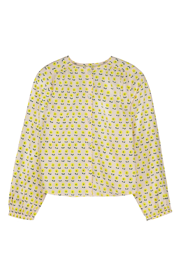 Blouse SASHA chemise à manches longues col rond pour enfant mixte unisexe en coton 100% bio certifié GOTS style vintage imprimé petites fleurs jaunes