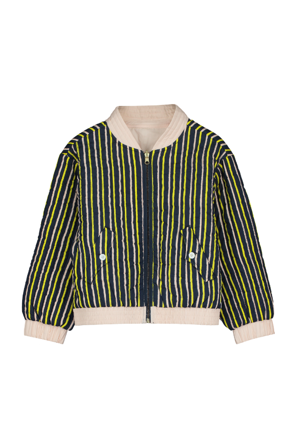 Bomber GABY avec poches pour enfant en coton 100% bio certifié GOTS mixte unisexe style vintage imprimé rayures bleu marine rose jaune, vue recto