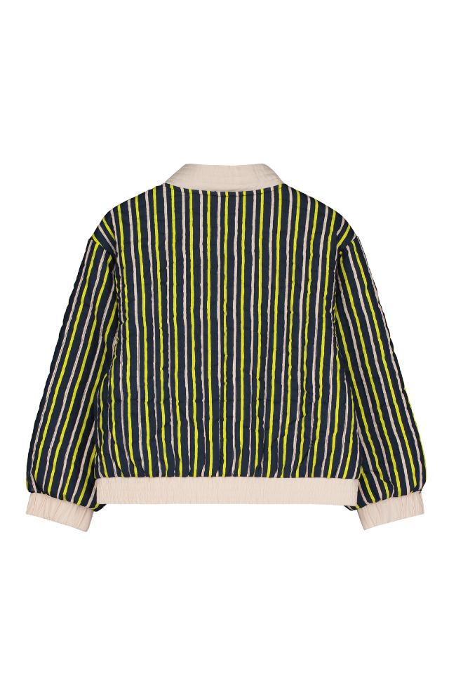 Bomber GABY avec poches pour enfant en coton 100% bio certifié GOTS mixte unisexe style vintage imprimé rayures bleu marine rose jaune, vue verso