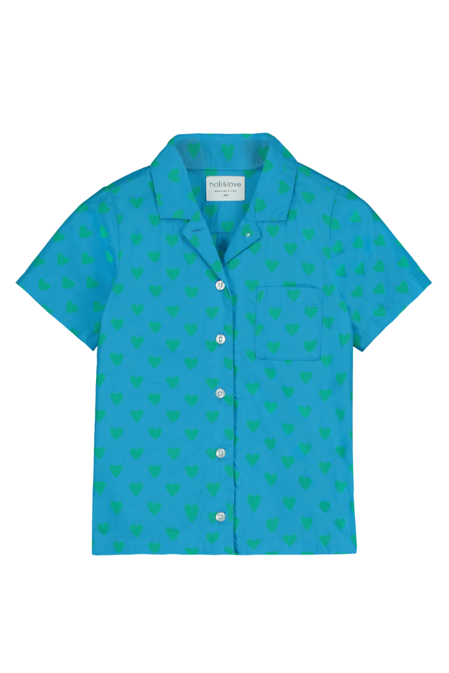 Chemise ARI manches courtes pour enfant en coton 100% bio certifié GOTS mixte unisexe style vintage imprimé bleu cœurs verts, vue recto