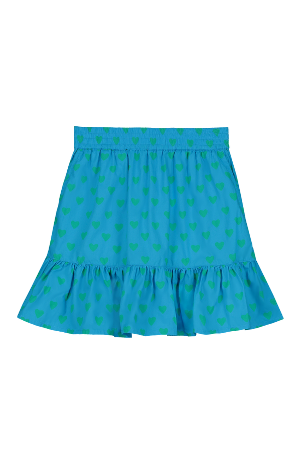 Jupe courte avec poches et short intégré pour enfant en coton 100% bio mixte unisexe style vintage imprimé bleu cœurs verts, vue verso