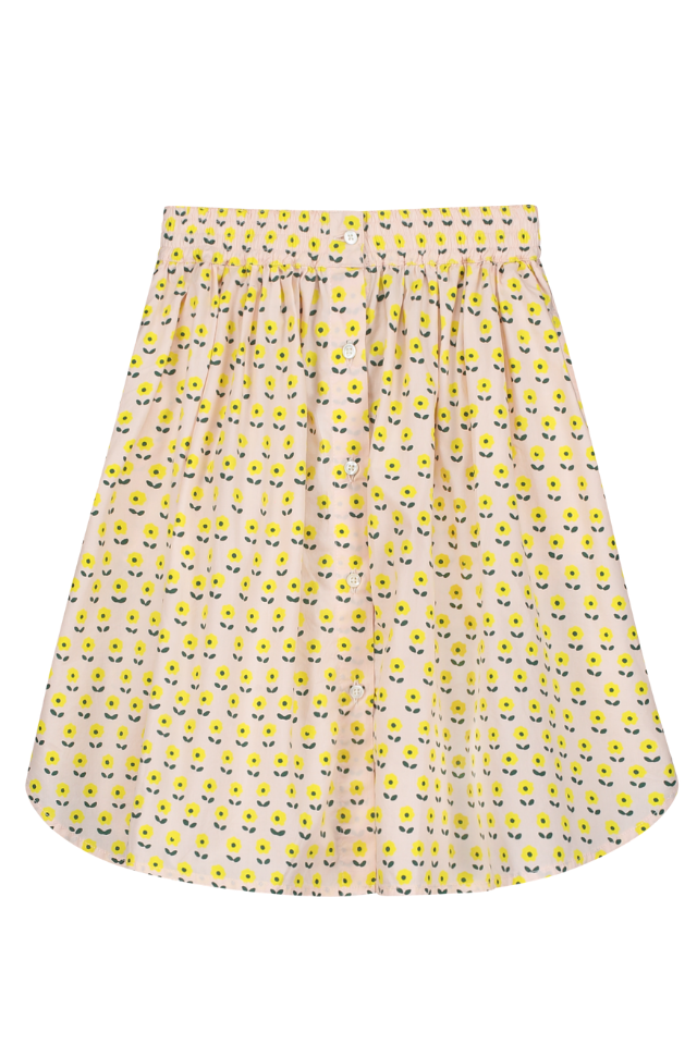 Jupe longue boutonnée pour enfant en coton 100% bio mixte unisexe style vintage imprimé petites fleurs jaunes, vue recto