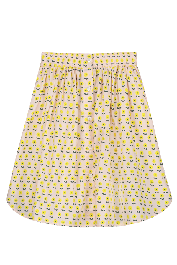 Jupe longue boutonnée pour enfant en coton 100% bio mixte unisexe style vintage imprimé petites fleurs jaunes, vue recto