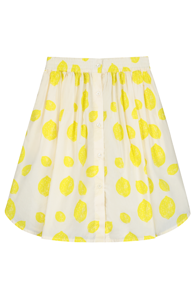 Jupe longue boutonnée pour enfant en coton 100% bio mixte unisexe style vintage imprimé citrons, vue recto