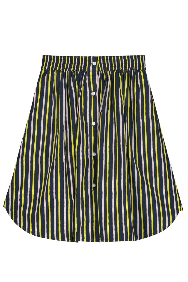 Jupe longue boutonnée pour enfant en coton 100% bio mixte unisexe style vintage imprimé rayures bleu marine rose jaune, vue recto