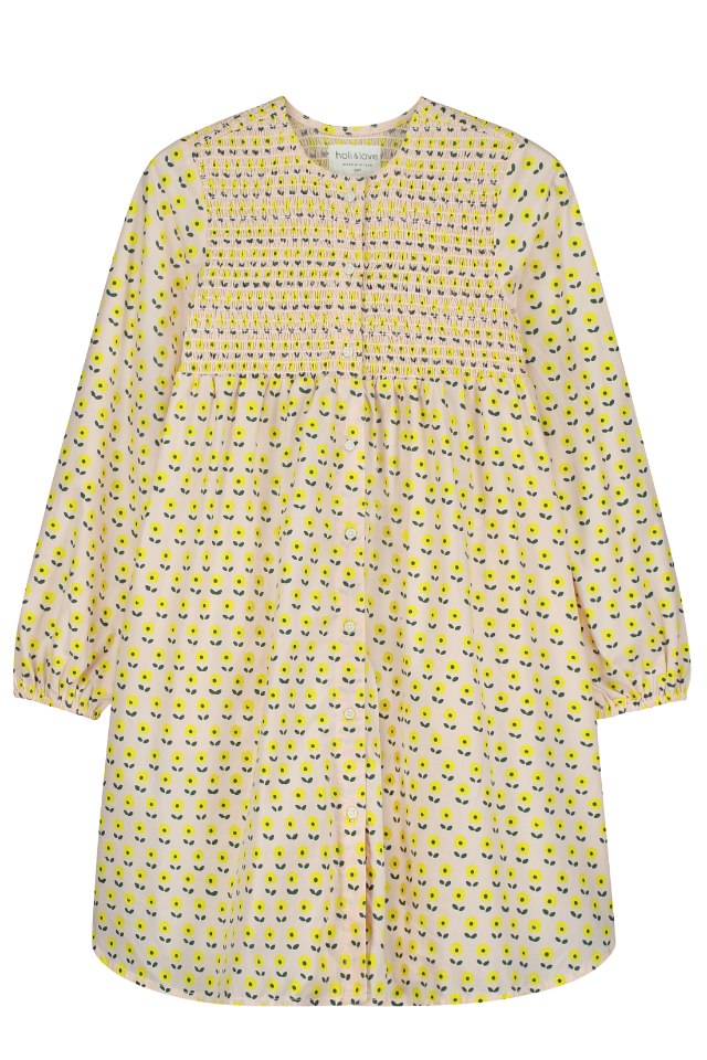 Robe longue ALMA à manches longues pour enfant en coton 100% bio mixte unisexe style vintage imprimé petites fleurs jaunes, vue recto