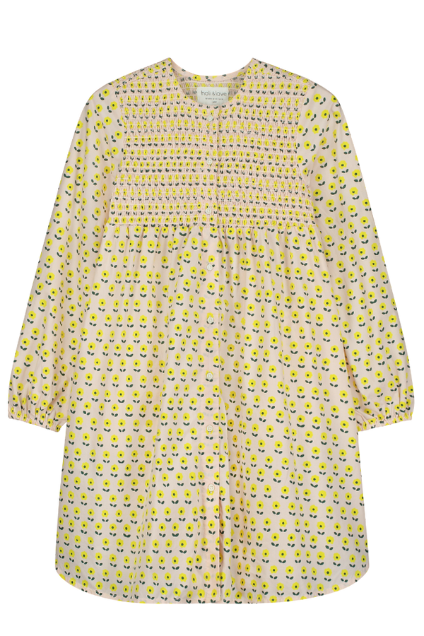 Robe longue ALMA à manches longues pour enfant en coton 100% bio mixte unisexe style vintage imprimé petites fleurs jaunes, vue recto