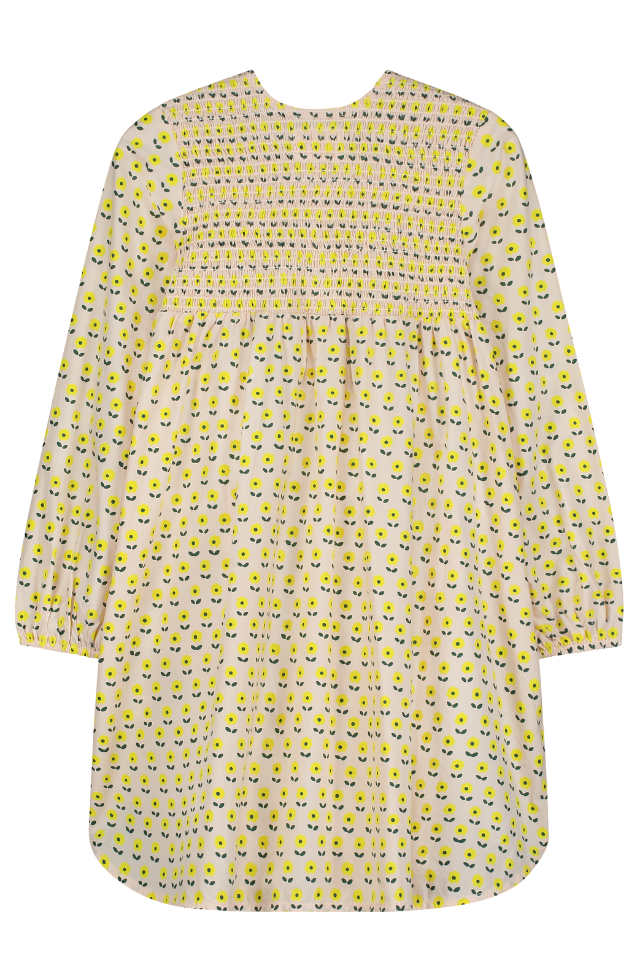 Robe longue ALMA à manches longues pour enfant en coton 100% bio mixte unisexe style vintage imprimé petites fleurs jaunes, vue verso