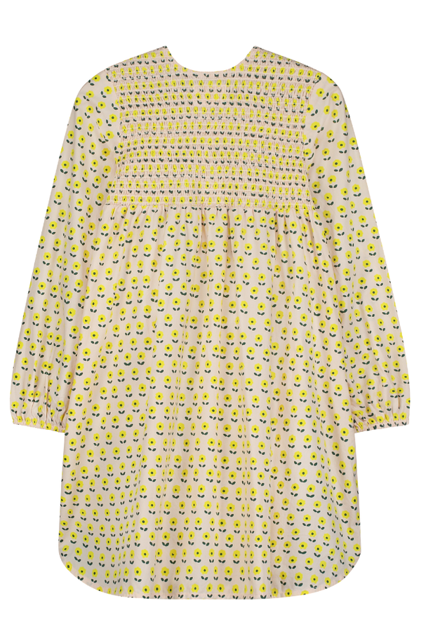 Robe longue ALMA à manches longues pour enfant en coton 100% bio mixte unisexe style vintage imprimé petites fleurs jaunes, vue verso