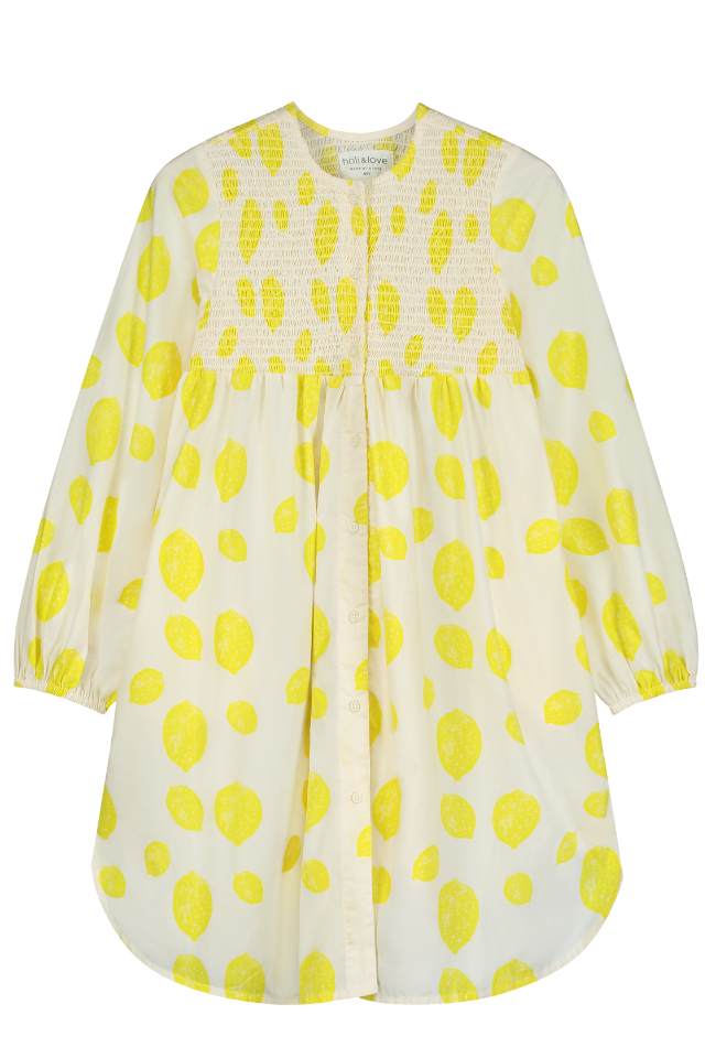 Robe longue ALMA à manches longues pour enfant en coton 100% bio mixte unisexe style vintage imprimé citrons, vue recto