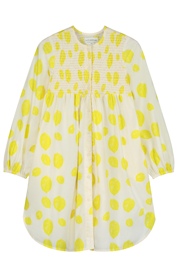 Robe longue ALMA à manches longues pour enfant en coton 100% bio mixte unisexe style vintage imprimé citrons, vue recto