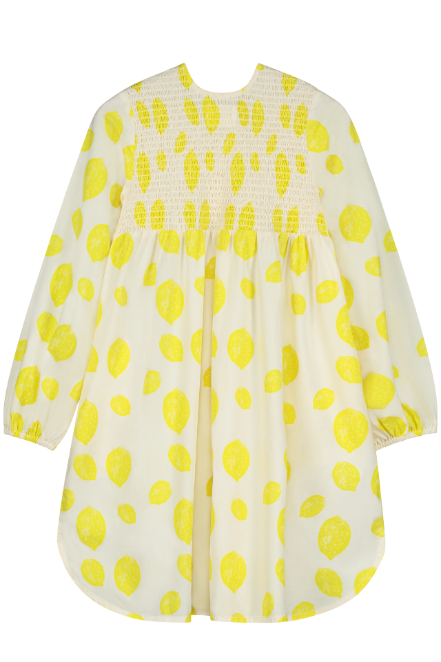Robe longue ALMA à manches longues pour enfant en coton 100% bio mixte unisexe style vintage imprimé citrons, vue verso