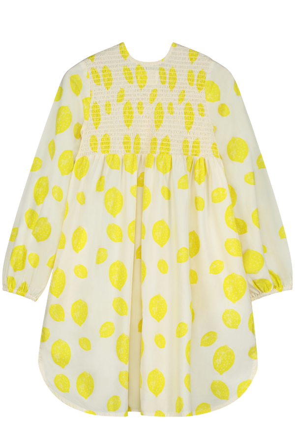 Robe longue ALMA à manches longues pour enfant en coton 100% bio mixte unisexe style vintage imprimé citrons, vue verso