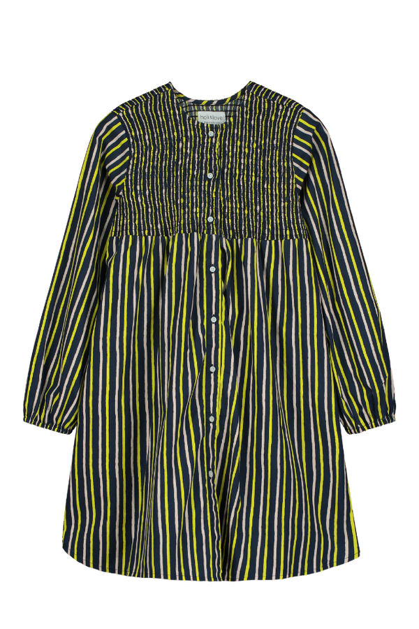 Robe longue ALMA à manches longues pour enfant en coton 100% bio mixte unisexe style vintage imprimé rayures bleu marine rose jaune, vue recto