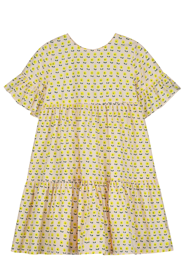 Robe longue babydoll EDNA  pour enfant en coton 100% bio mixte unisexe style vintage imprimé petites fleurs jaunes, vue recto