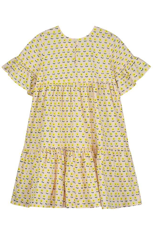 Robe longue babydoll EDNA  pour enfant en coton 100% bio mixte unisexe style vintage imprimé petites fleurs jaunes, vue verso