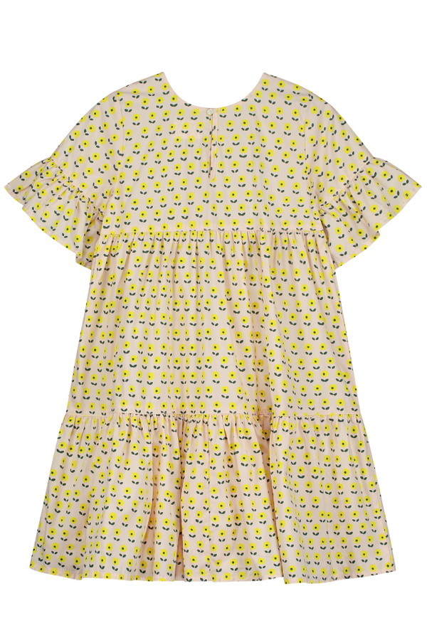 Robe longue babydoll EDNA  pour enfant en coton 100% bio mixte unisexe style vintage imprimé petites fleurs jaunes, vue verso