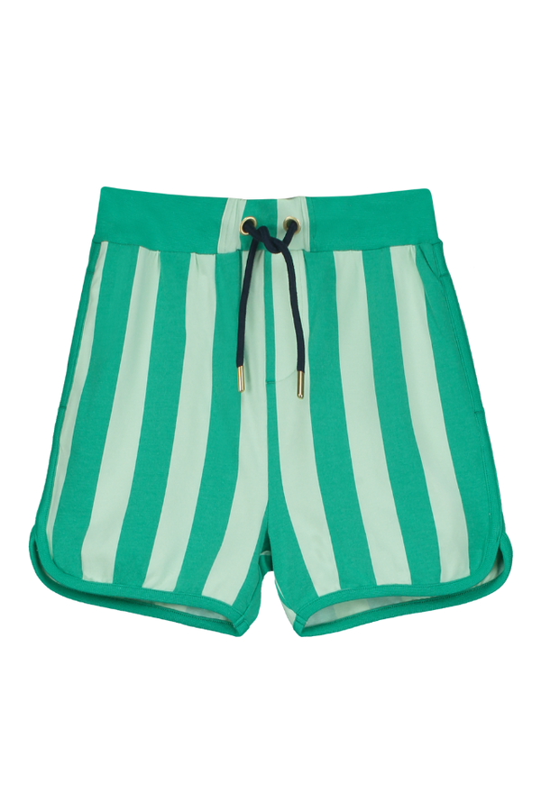 Short KIM pour enfant en coton 100% bio mixte unisexe style vintage imprimé rayures vertes, vu recto
