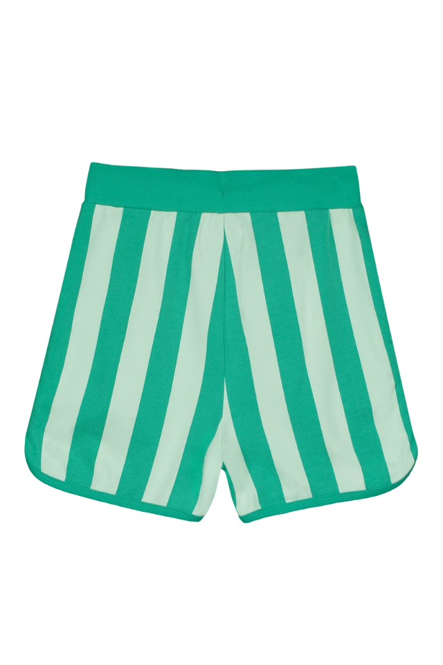 Short KIM pour enfant en coton 100% bio mixte unisexe style vintage imprimé rayures vertes, vu verso