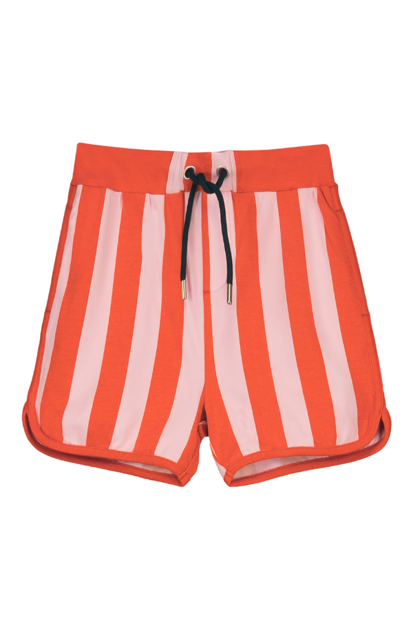 Short KIM pour enfant en coton 100% bio mixte unisexe style vintage imprimé rayures rouges, vu recto