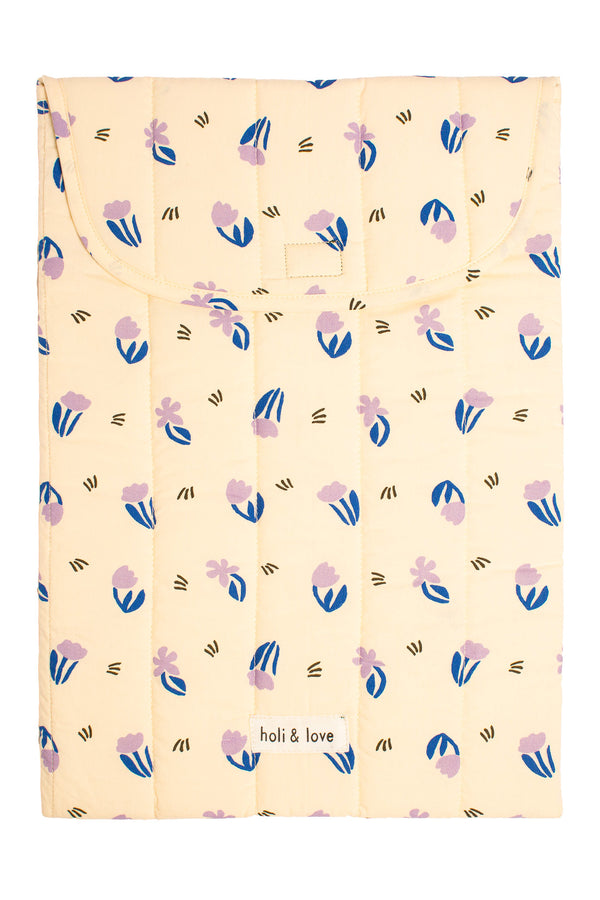 Pochette à rabas pour ordinateur portable, accessoire pour ordinateur, imprimé beige motif petites fleurs lilas