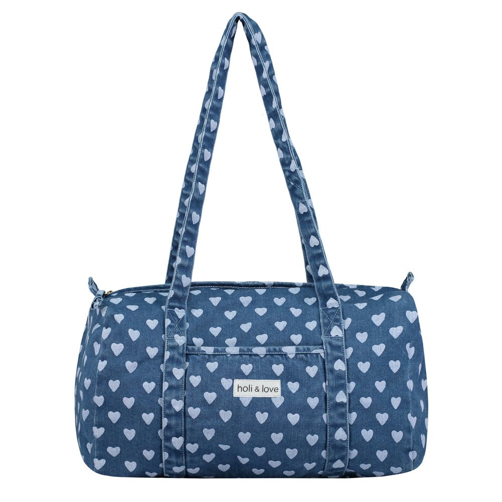 Sac weekend de voyage, sac à langer de maternité, accessoire de mode ethique en coton bio, style vintage mixte unisexe, denim imprimé cœurs